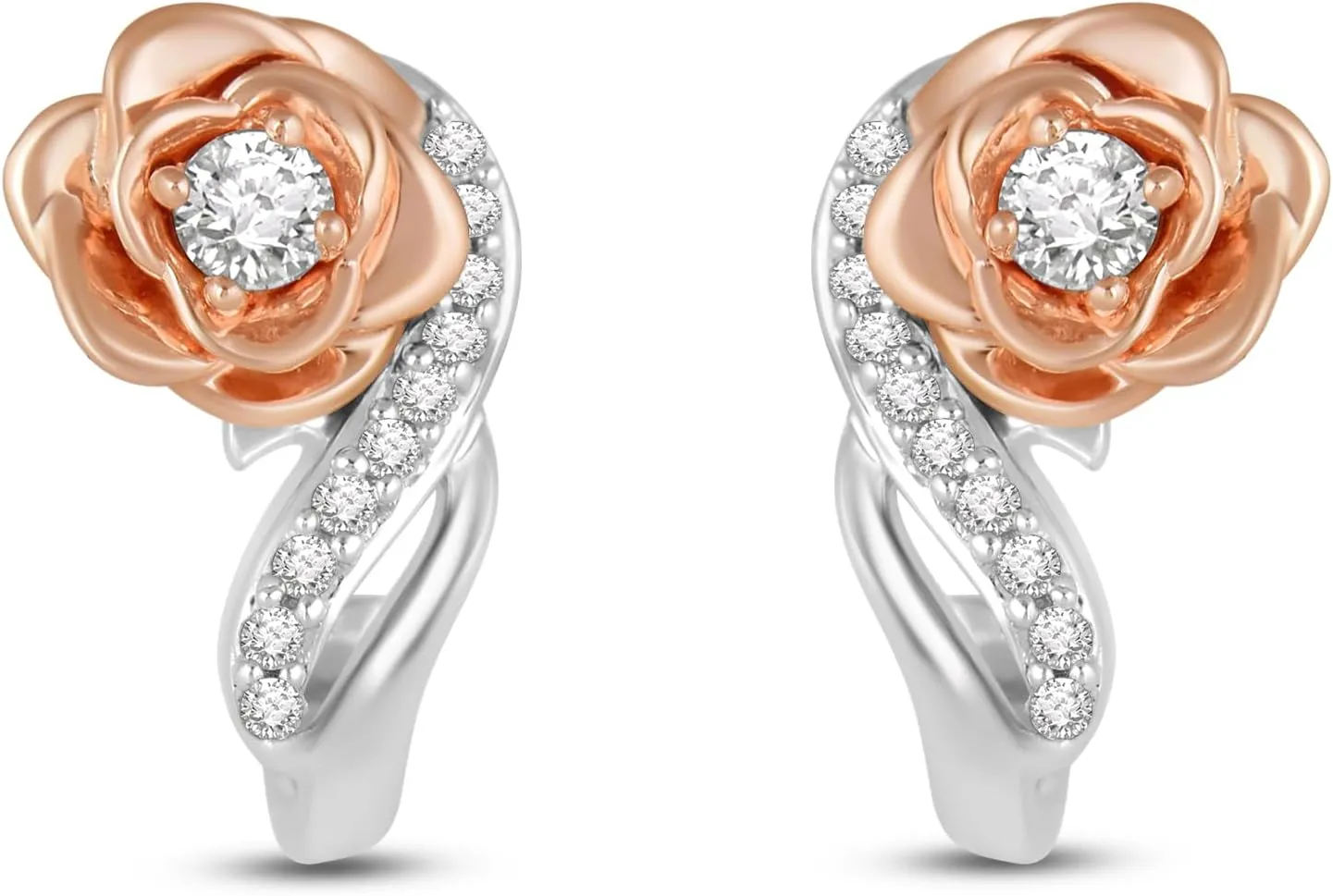 Jewelili Enchanted Disney Fine Jewelry 14K Rose Gold over Sterling Silver with 1/6 CTTW Diamond Belle Earrings