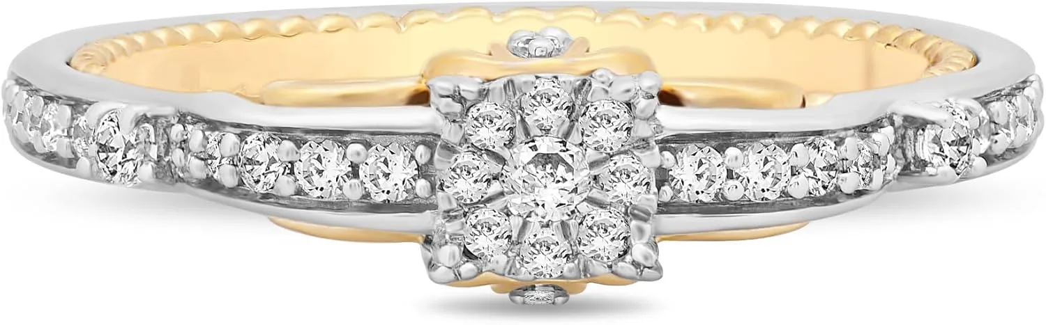 Jewelili Enchanted Disney Fine Jewelry 14K White and Yellow Gold 1/4 Cttw Diamond Cinderella Promise Ring