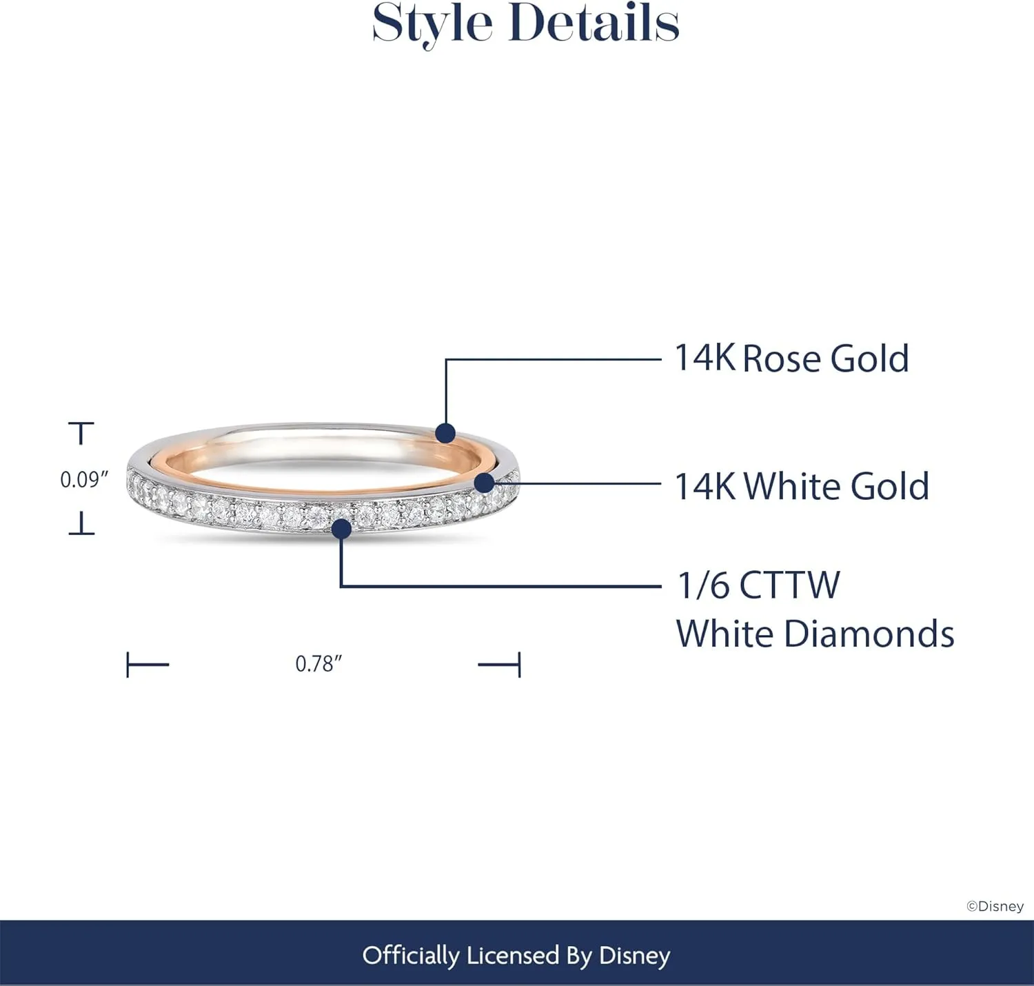 Jewelili Enchanted Disney Fine Jewelry 14K White Gold and Rose Gold 1/6 CTTW Diamond Belle Wedding Band