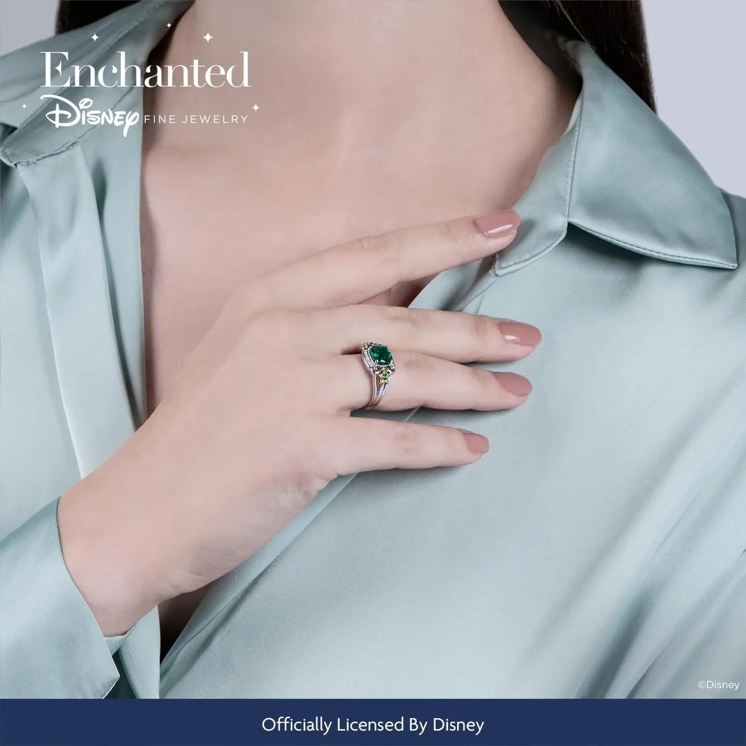 Jewelili Enchanted Disney Fine Jewelry 14K Yellow Gold over Sterling Silver Cushion Created Emerald and Natural White Round Diamond Accent Tinkerbell Star Ring
