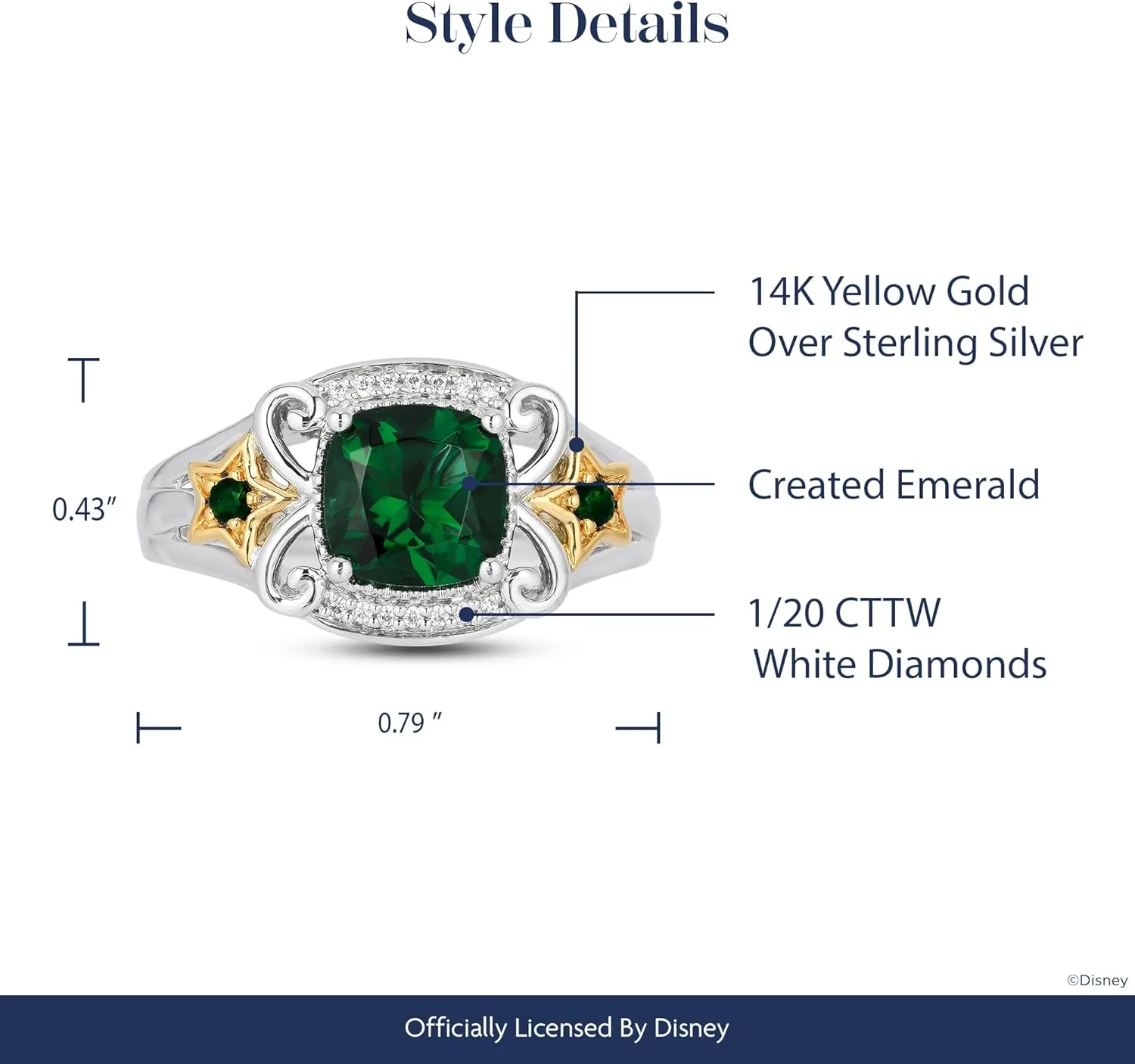 Jewelili Enchanted Disney Fine Jewelry 14K Yellow Gold over Sterling Silver Cushion Created Emerald and Natural White Round Diamond Accent Tinkerbell Star Ring