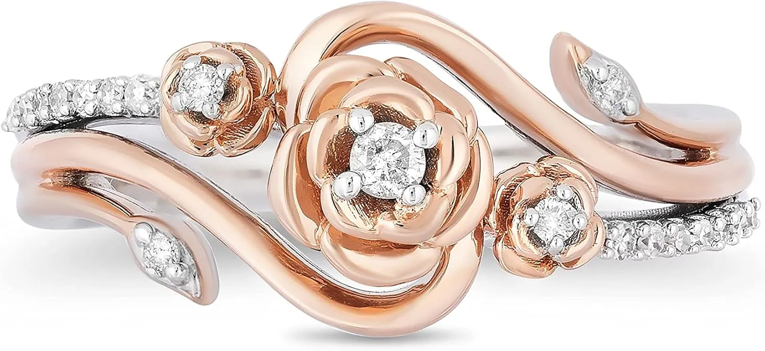 Jewelili Enchanted Disney Fine Jewelry Belle Rose Diamond Ring 1/6 CTTW in 14K Rose Gold over Sterling Silver