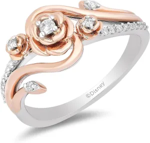 Jewelili Enchanted Disney Fine Jewelry Belle Rose Diamond Ring 1/6 CTTW in 14K Rose Gold over Sterling Silver