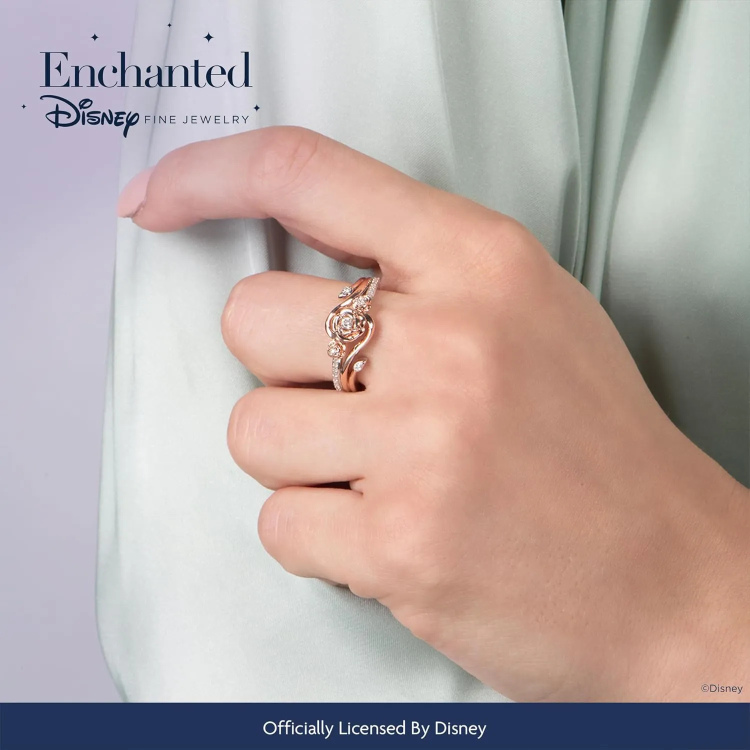 Jewelili Enchanted Disney Fine Jewelry Belle Rose Diamond Ring 1/6 CTTW in 14K Rose Gold over Sterling Silver