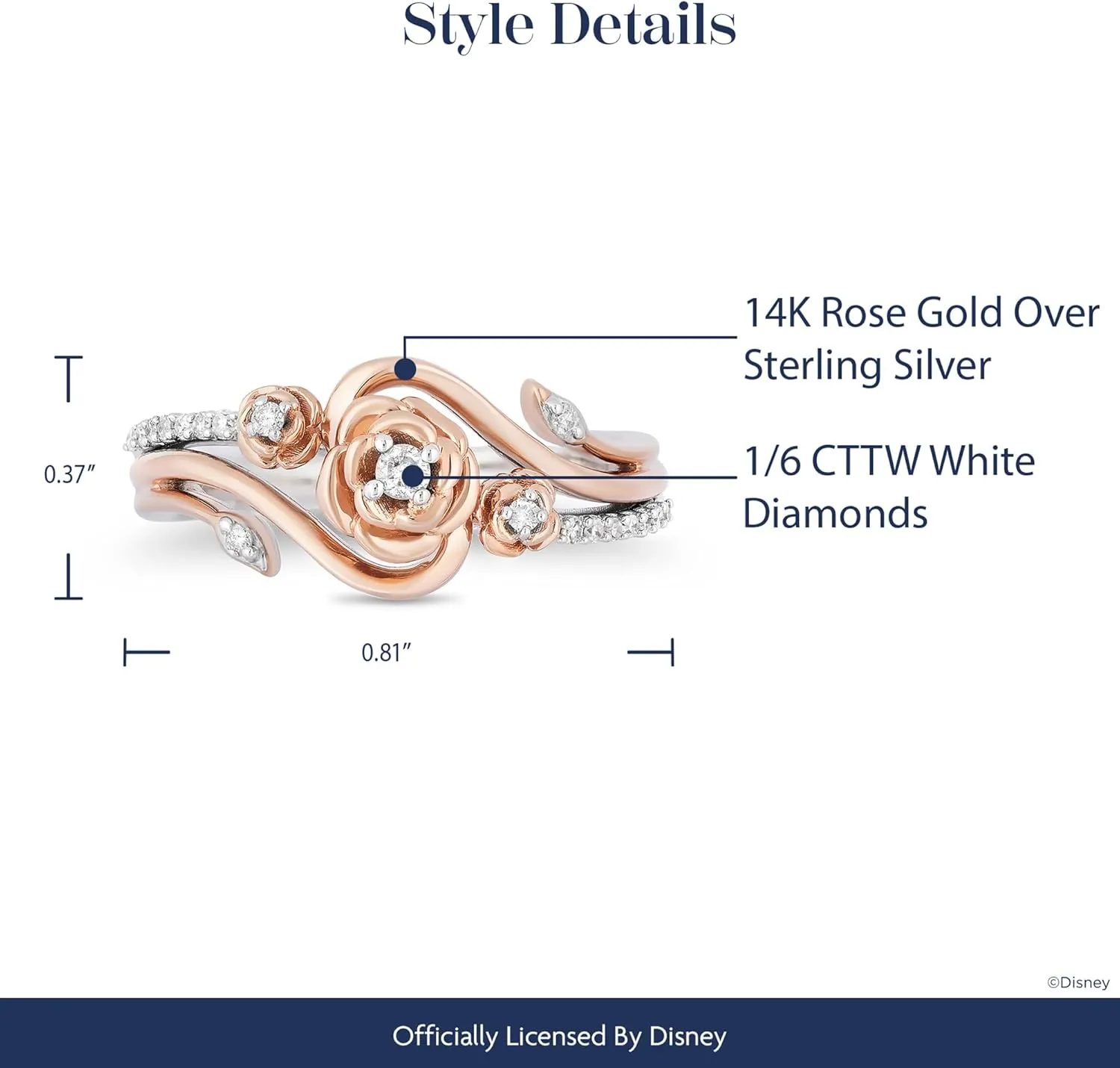 Jewelili Enchanted Disney Fine Jewelry Belle Rose Diamond Ring 1/6 CTTW in 14K Rose Gold over Sterling Silver