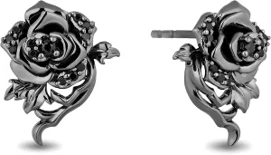 Jewelili Enchanted Disney Fine Jewelry Black Rhodium over Sterling Silver 1/5 CTTW Treated Black Round Diamond Maleficent Rose Earrings