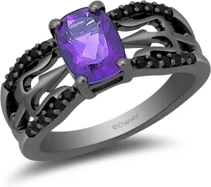 Jewelili Enchanted Disney Fine Jewelry Black Rhodium over Sterling Silver 8x6 MM Cushion Shape Amethyst and 1/5 Cttw Treated Black Round Diamond Ursula Ring