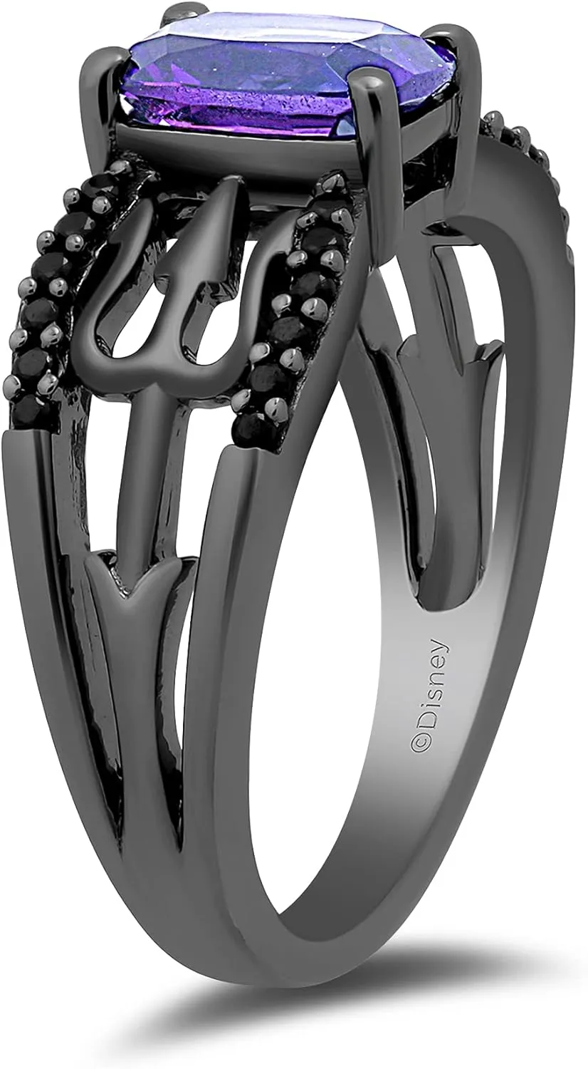 Jewelili Enchanted Disney Fine Jewelry Black Rhodium over Sterling Silver 8x6 MM Cushion Shape Amethyst and 1/5 Cttw Treated Black Round Diamond Ursula Ring