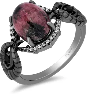 Jewelili Enchanted Disney Fine Jewelry Black Rhodium over Sterling Silver with 1/8 CTTW Diamond and Rhodonite Maleficent Ring Size 8