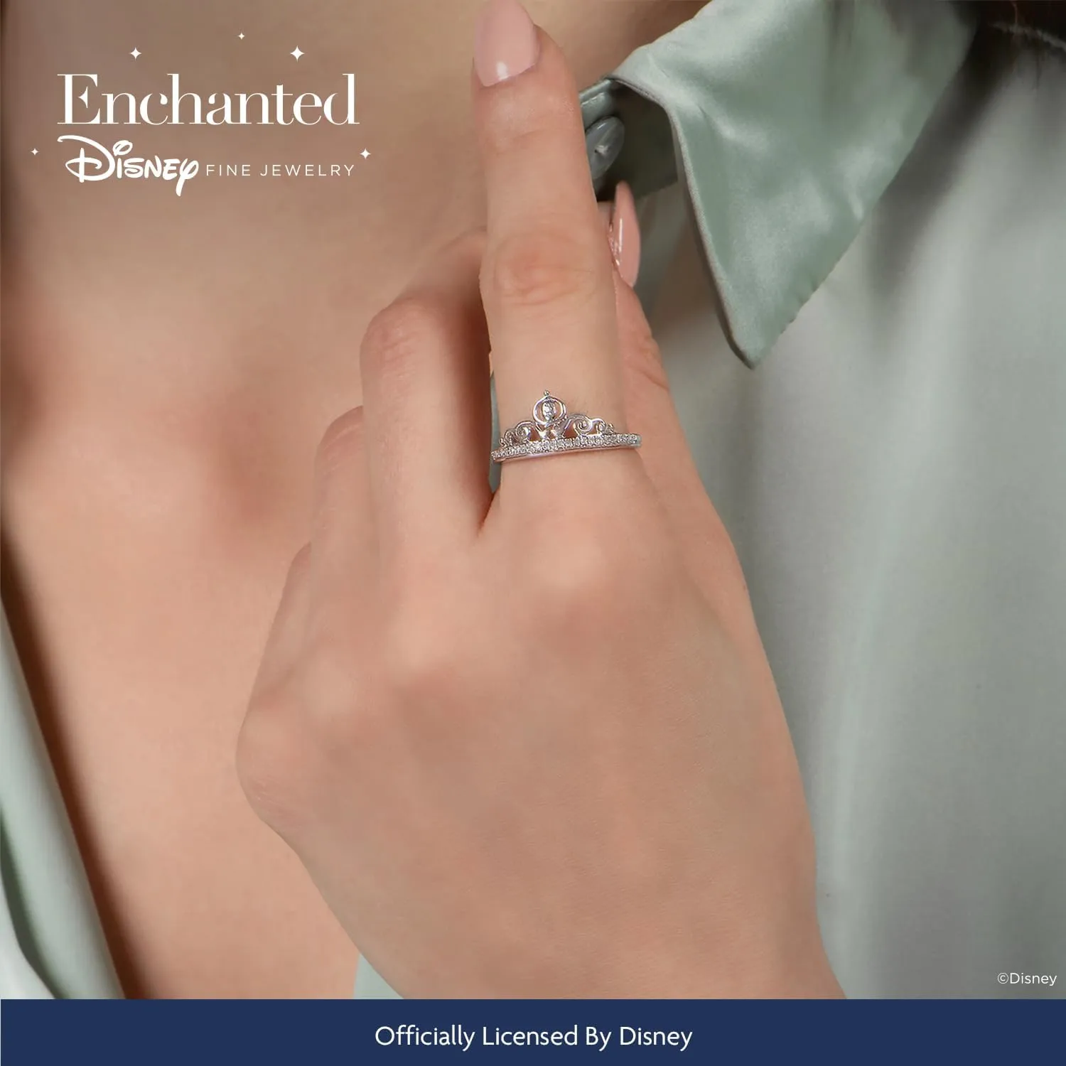 Jewelili Enchanted Disney Fine Jewelry Sterling Silver 1/10 Cttw Diamond Cinderella Carriage Ring.