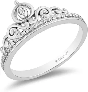 Jewelili Enchanted Disney Fine Jewelry Sterling Silver 1/10 Cttw Diamond Cinderella Carriage Ring.