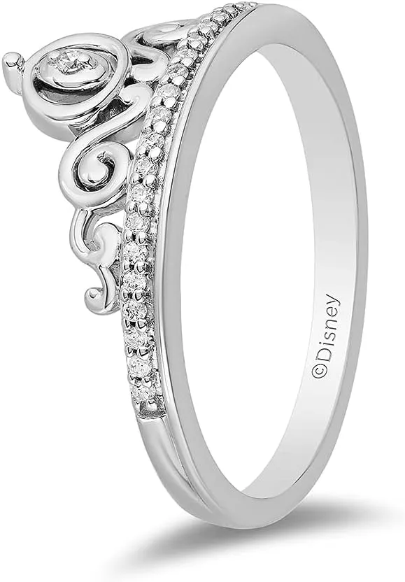Jewelili Enchanted Disney Fine Jewelry Sterling Silver 1/10 Cttw Diamond Cinderella Carriage Ring.
