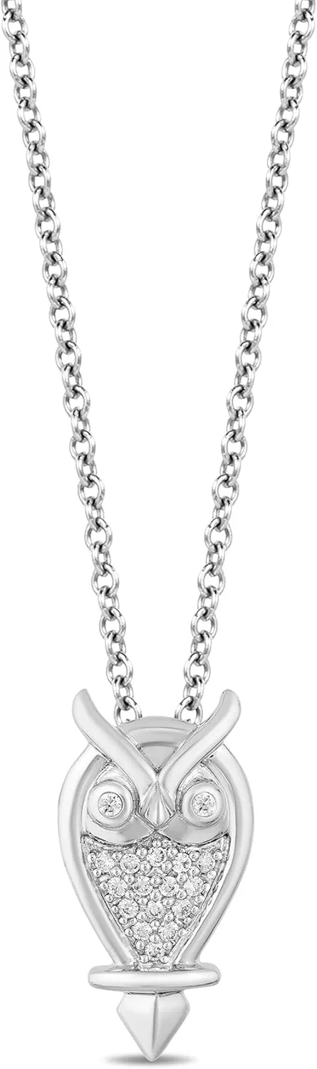 Jewelili Enchanted Disney Fine Jewelry Sterling Silver 1/10 Cttw Natural Round White Diamond Aurora Owl Pendant Necklace, 18" Cable Chain