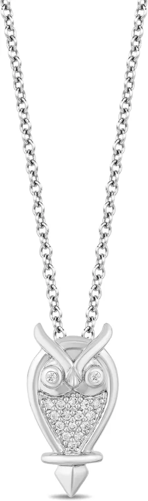 Jewelili Enchanted Disney Fine Jewelry Sterling Silver 1/10 Cttw Natural Round White Diamond Aurora Owl Pendant Necklace, 18" Cable Chain