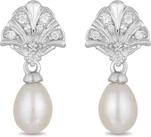 Jewelili Enchanted Disney Fine Jewelry Sterling Silver 1/10 CTTW Natural White Round Diamonds and White Pearl Ariel Shell Fashion Earrings