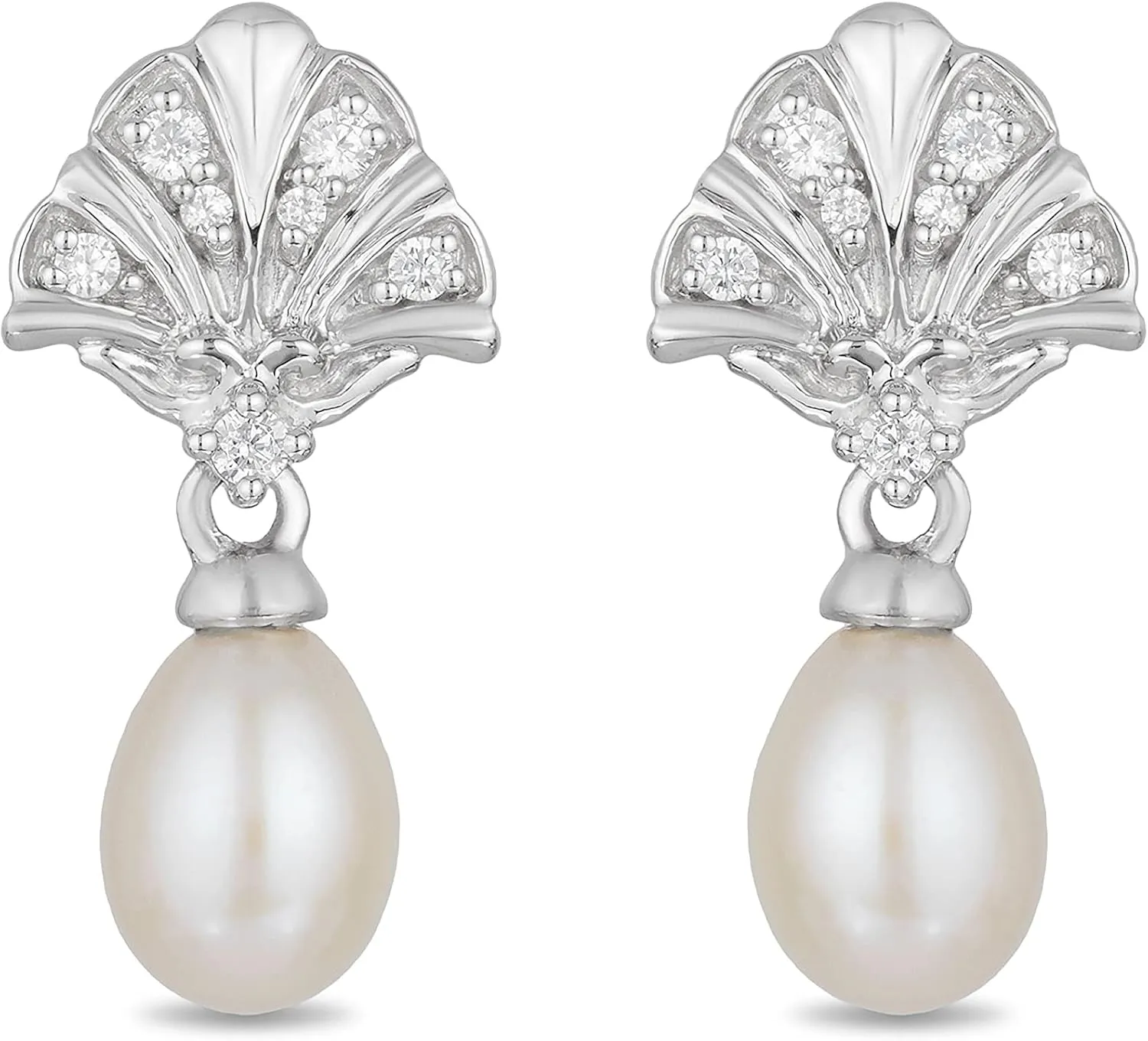 Jewelili Enchanted Disney Fine Jewelry Sterling Silver 1/10 CTTW Natural White Round Diamonds and White Pearl Ariel Shell Fashion Earrings