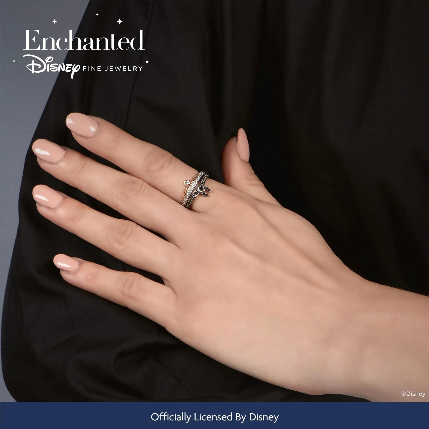 Jewelili Enchanted Disney Fine Jewelry Sterling Silver and 10K Rose Gold 1/4 Cttw Black Heat Treated with Diamond Aurora Duo Set Ring