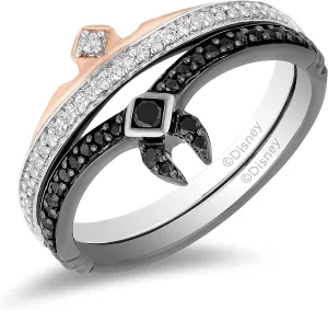 Jewelili Enchanted Disney Fine Jewelry Sterling Silver and 10K Rose Gold 1/4 Cttw Black Heat Treated with Diamond Aurora Duo Set Ring