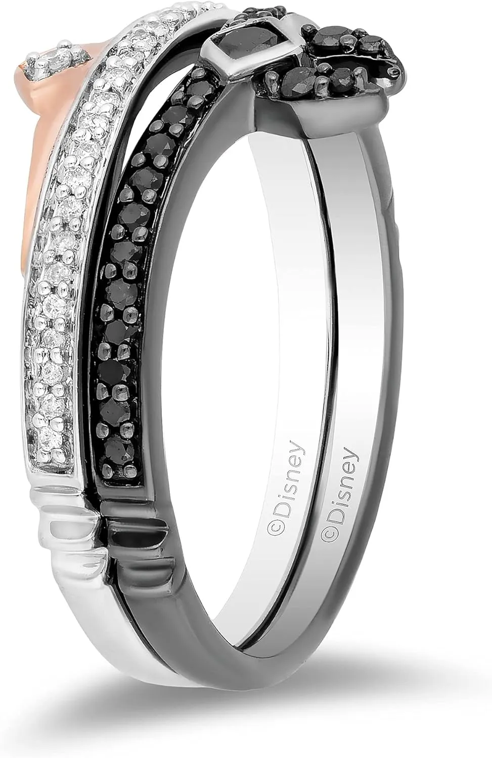 Jewelili Enchanted Disney Fine Jewelry Sterling Silver and 10K Rose Gold 1/4 Cttw Black Heat Treated with Diamond Aurora Duo Set Ring