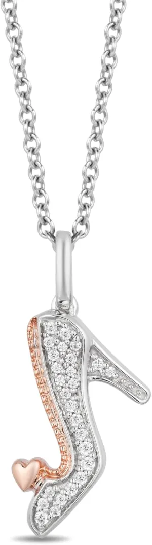 Jewelili Enchanted Disney Fine Jewelry Sterling Silver and 10K Rose Gold with 1/10 CTTW Diamond Cinderella Shoe Pendant Necklace