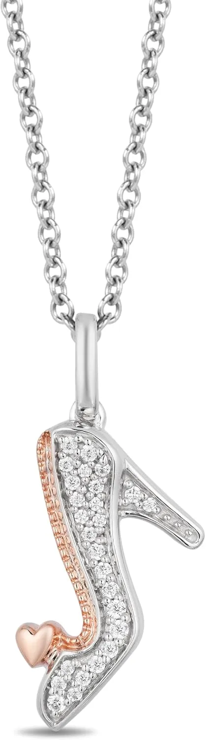 Jewelili Enchanted Disney Fine Jewelry Sterling Silver and 10K Rose Gold with 1/10 CTTW Diamond Cinderella Shoe Pendant Necklace