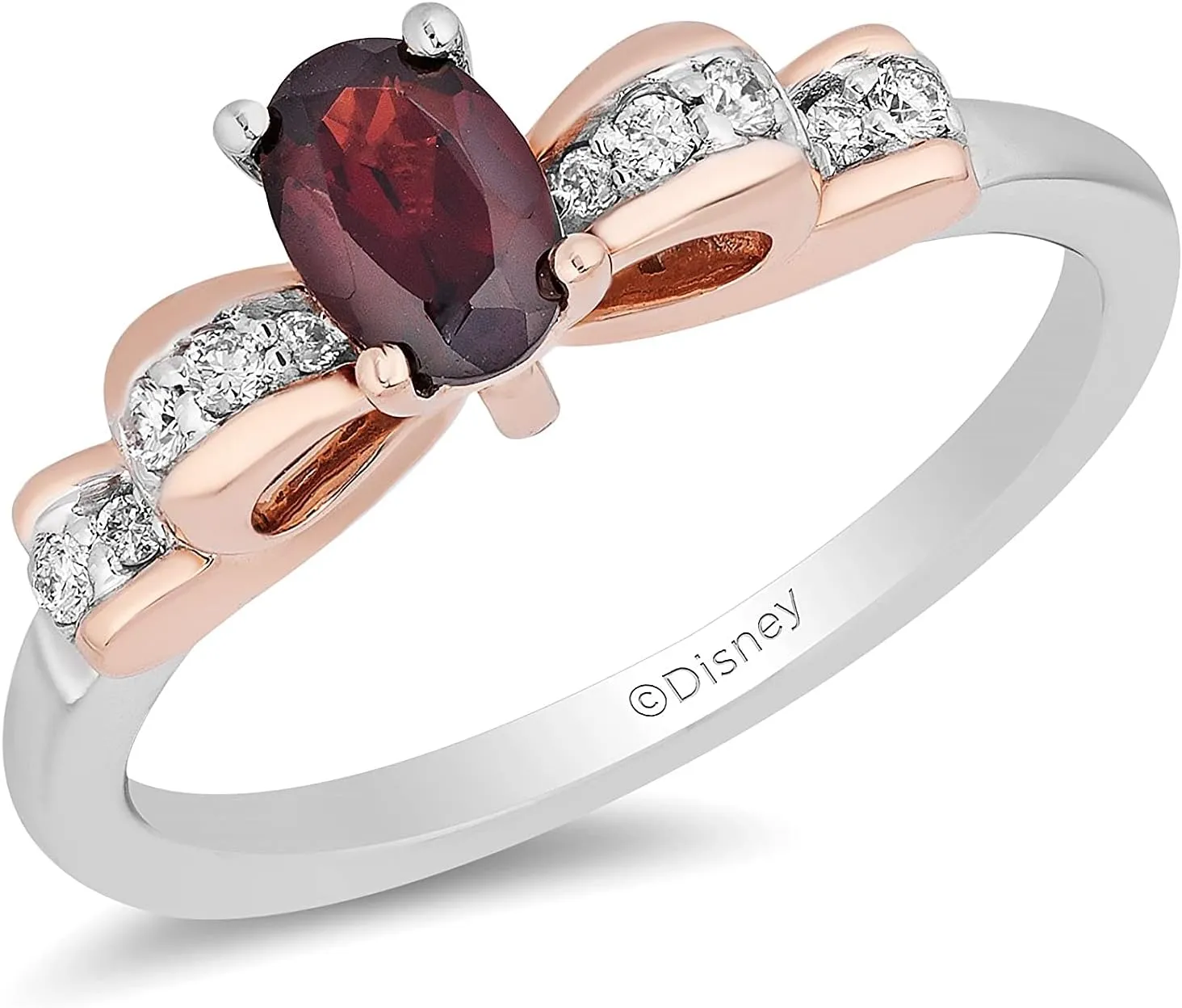Jewelili Enchanted Disney Fine Jewelry Sterling Silver and 10K Rose Gold with 1/12 CTTW Diamond and Red Garnet Snow White Ring