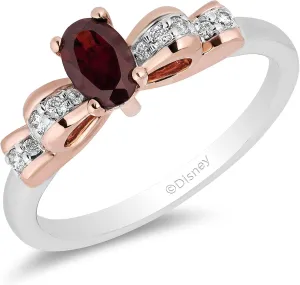Jewelili Enchanted Disney Fine Jewelry Sterling Silver and 10K Rose Gold with 1/12 CTTW Diamond and Red Garnet Snow White Ring