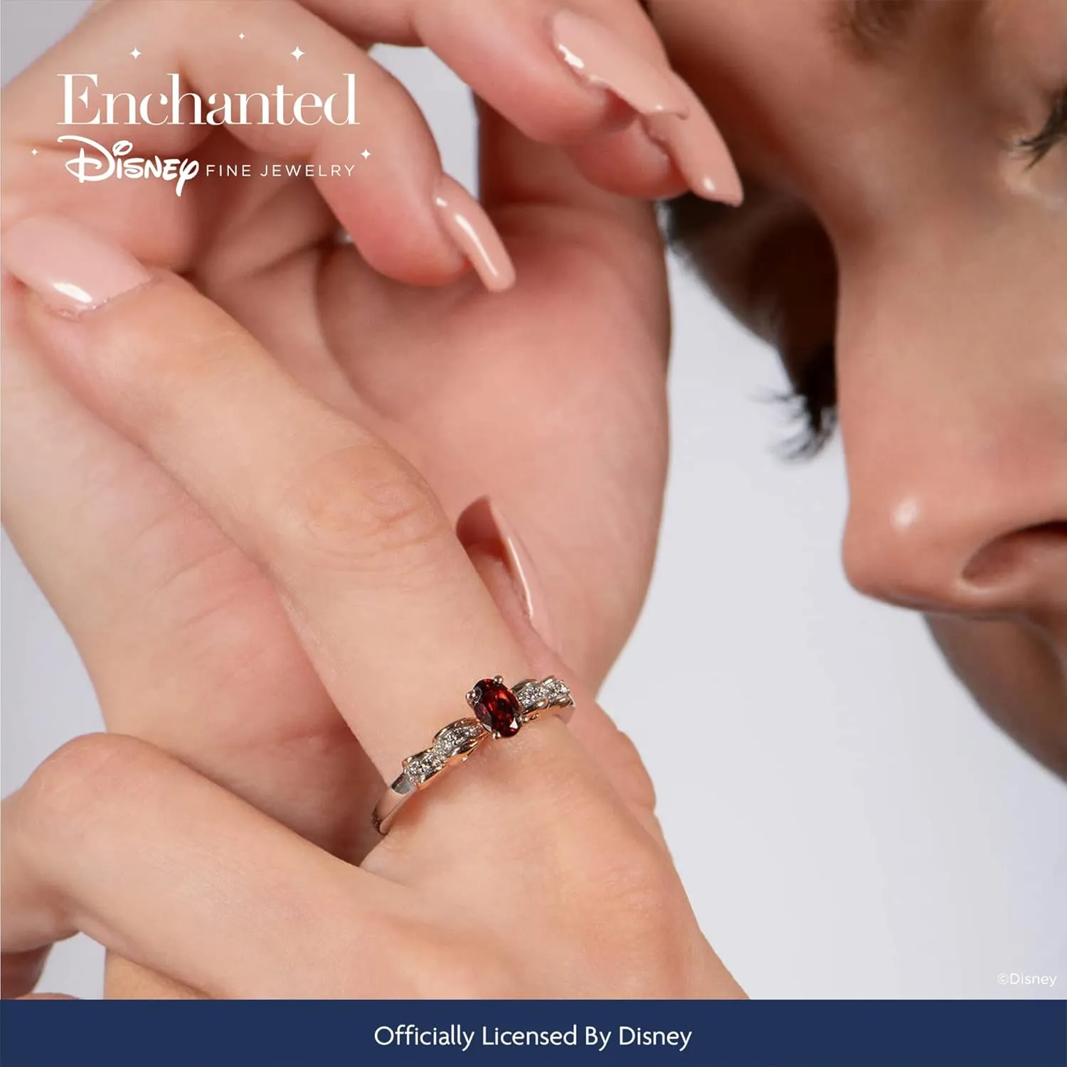 Jewelili Enchanted Disney Fine Jewelry Sterling Silver and 10K Rose Gold with 1/12 CTTW Diamond and Red Garnet Snow White Ring