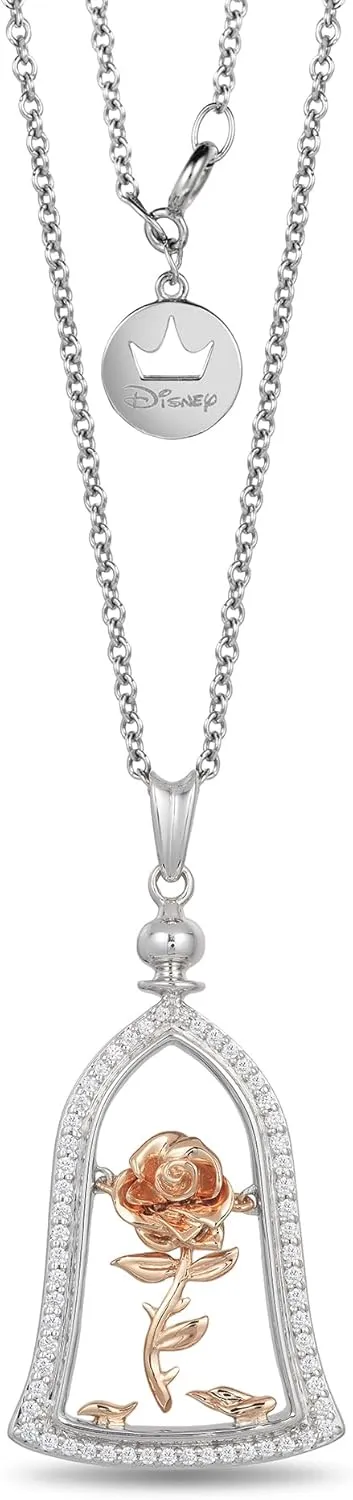 Jewelili Enchanted Disney Fine Jewelry Sterling Silver and 10K Rose Gold with 1/5 CTTTW Diamond Belle Rose Jar Necklace