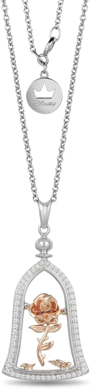 Jewelili Enchanted Disney Fine Jewelry Sterling Silver and 10K Rose Gold with 1/5 CTTTW Diamond Belle Rose Jar Necklace