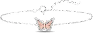 Jewelili Enchanted Disney Fine Jewelry Sterling Silver and 10K Rose Gold with 1/6 CTTW Diamond Mulan Butterfly Bracelet