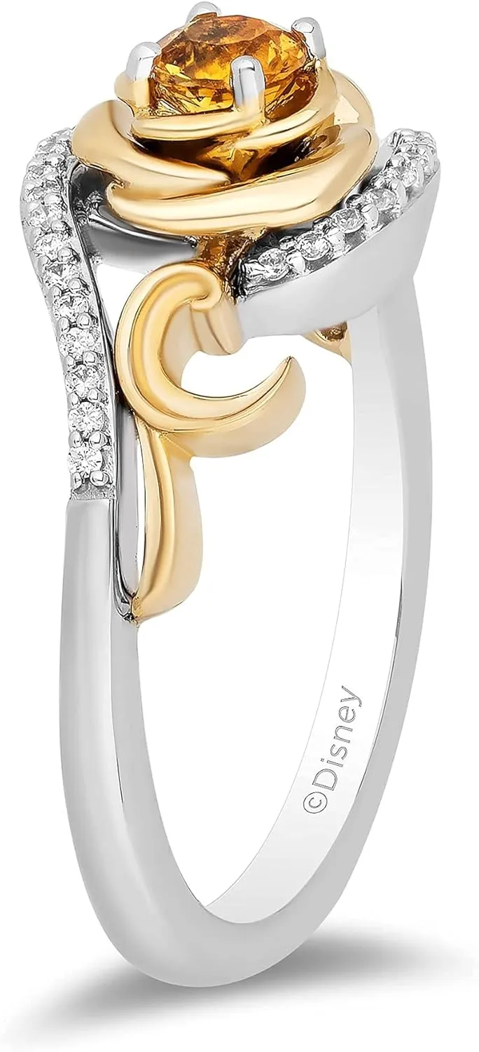 Jewelili Enchanted Disney Fine Jewelry Sterling Silver and 10K Yellow Gold 4 MM Round Shape Citrine and 1/10 Cttw Natural White Round Diamond Belle 30th Rose Ring
