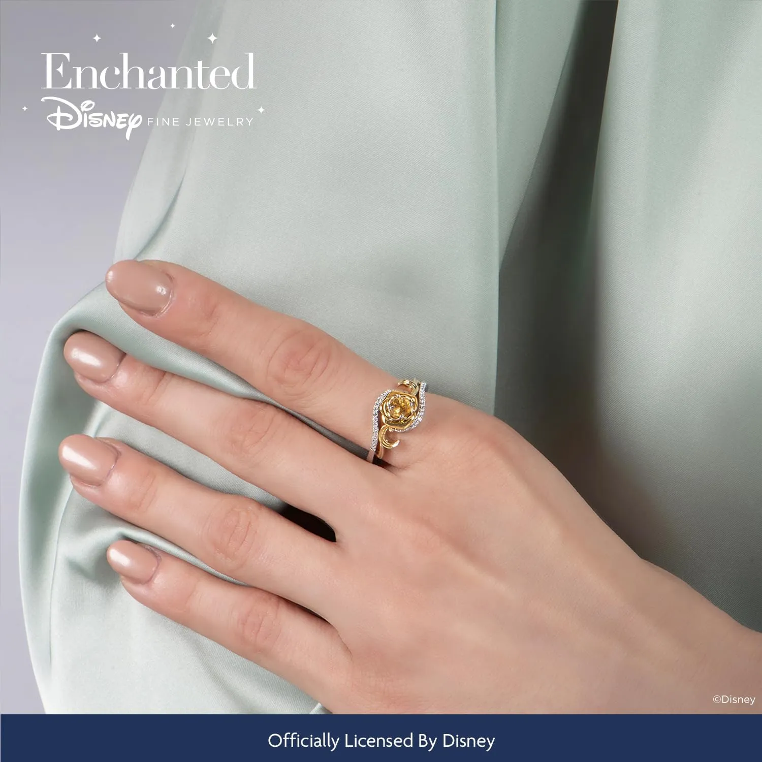 Jewelili Enchanted Disney Fine Jewelry Sterling Silver and 10K Yellow Gold 4 MM Round Shape Citrine and 1/10 Cttw Natural White Round Diamond Belle 30th Rose Ring