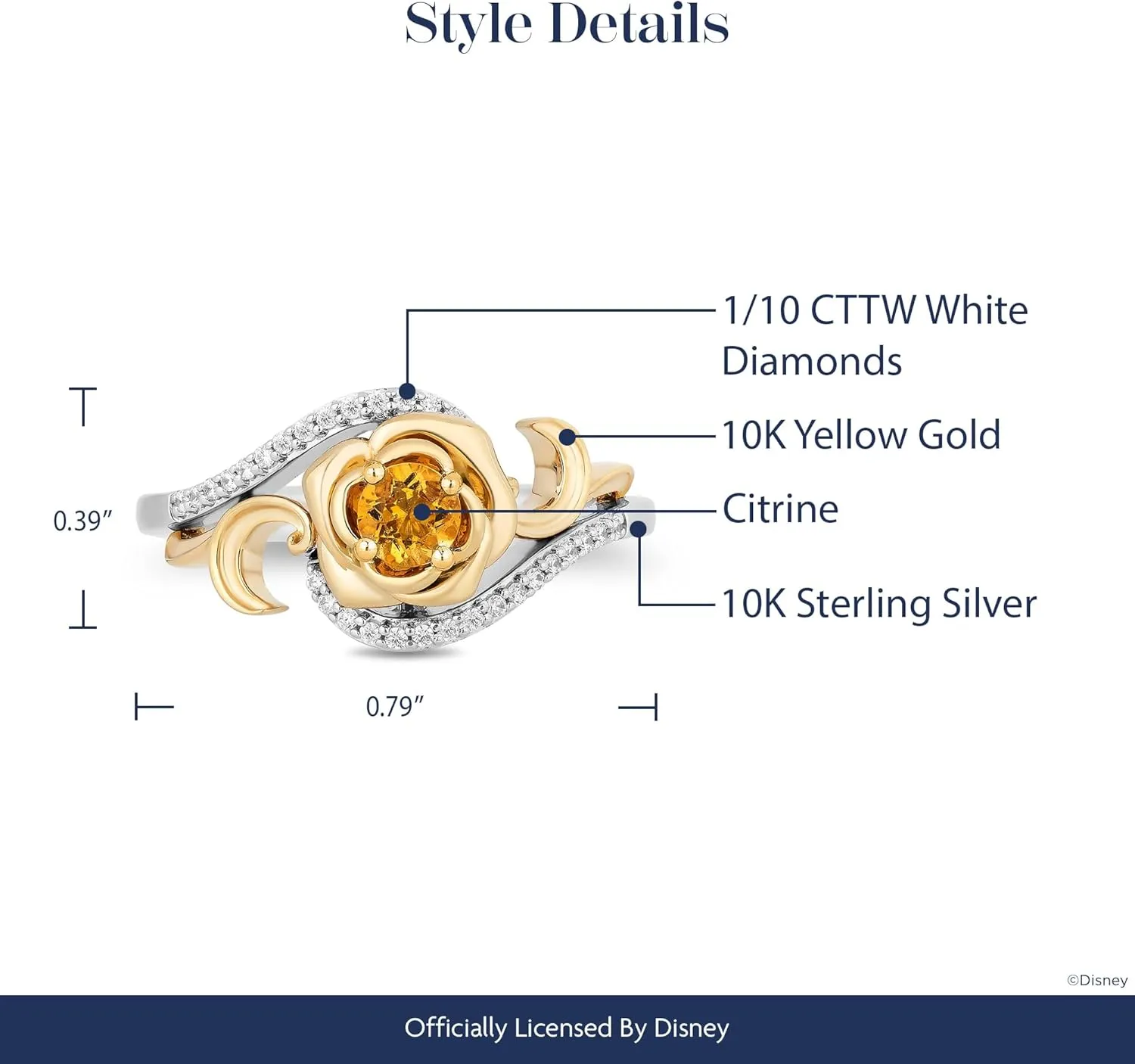 Jewelili Enchanted Disney Fine Jewelry Sterling Silver and 10K Yellow Gold 4 MM Round Shape Citrine and 1/10 Cttw Natural White Round Diamond Belle 30th Rose Ring