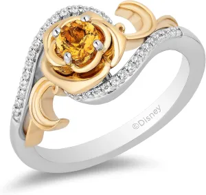 Jewelili Enchanted Disney Fine Jewelry Sterling Silver and 10K Yellow Gold 4 MM Round Shape Citrine and 1/10 Cttw Natural White Round Diamond Belle 30th Rose Ring