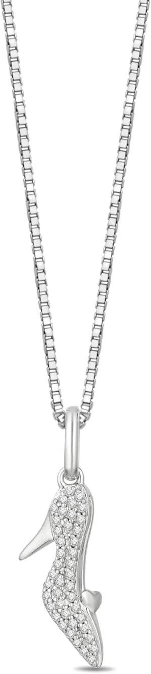 Jewelili Enchanted Disney Fine Jewelry Sterling Silver with 1/10 Cttw Diamond Cinderella Pendant Necklace