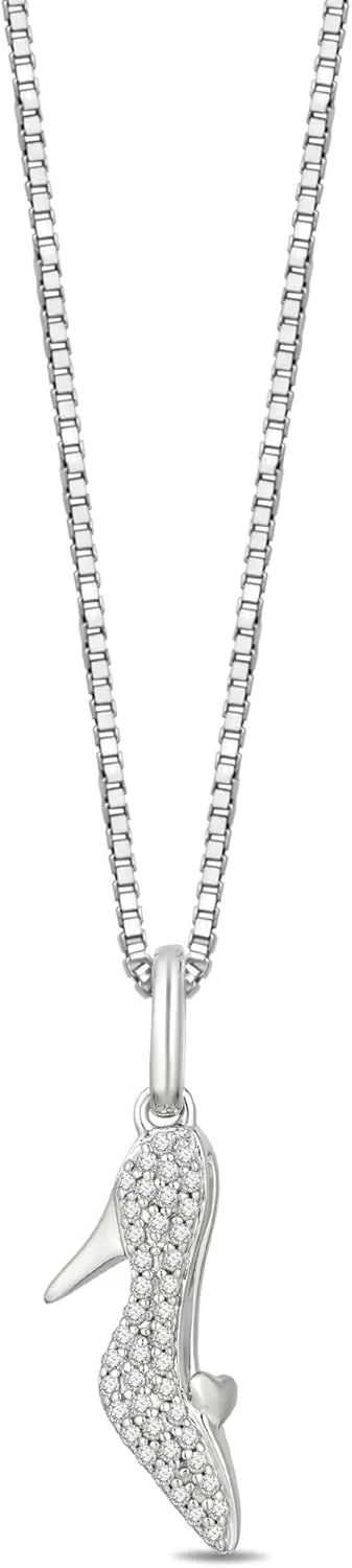 Jewelili Enchanted Disney Fine Jewelry Sterling Silver with 1/10 Cttw Diamond Cinderella Pendant Necklace
