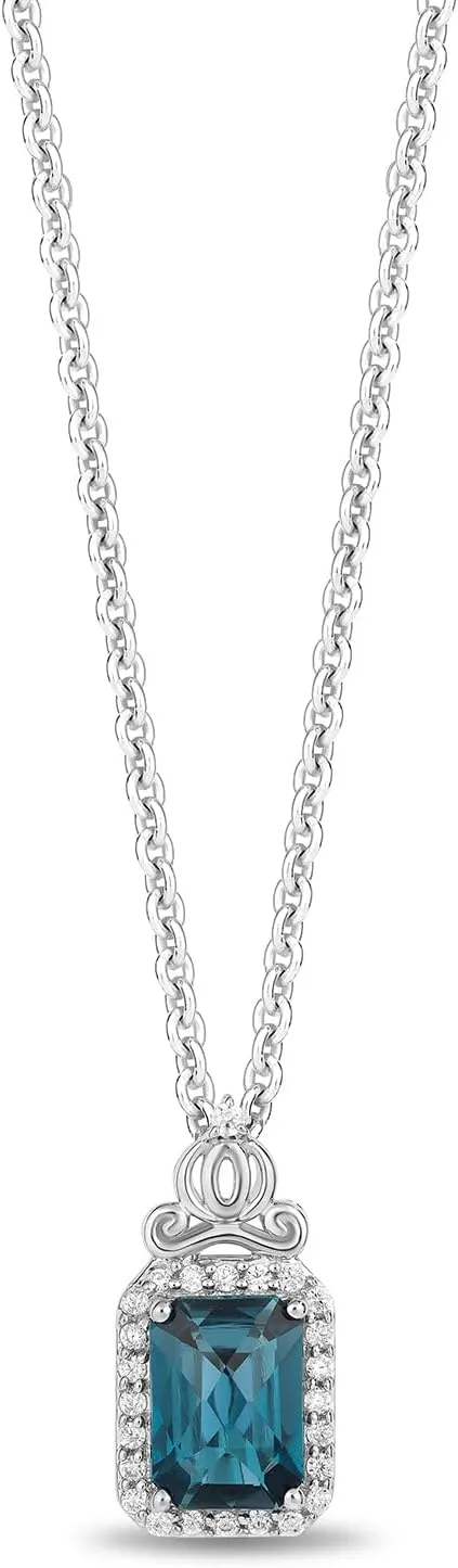 Jewelili Enchanted Disney Fine Jewelry Sterling Silver with 1/10 CTTW Diamonds and London Blue Topaz Cinderella Pendant Necklace