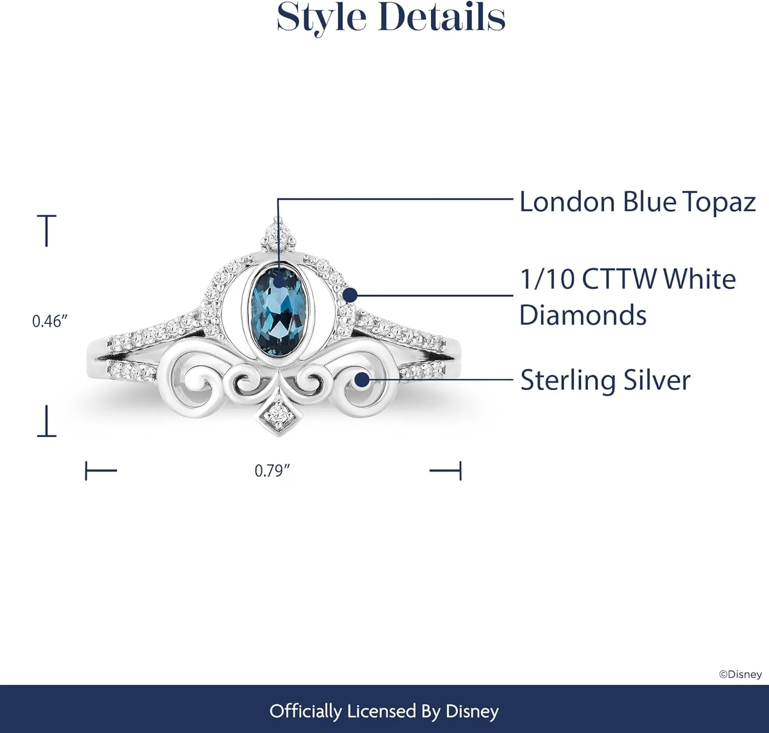 Jewelili Enchanted Disney Fine Jewelry Sterling Silver with 1/10cttw Diamonds and London Blue Topaz Cinderella Carriage Ring