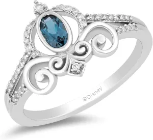 Jewelili Enchanted Disney Fine Jewelry Sterling Silver with 1/10cttw Diamonds and London Blue Topaz Cinderella Carriage Ring