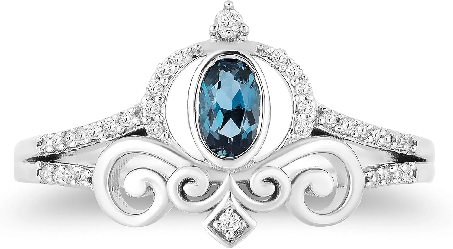 Jewelili Enchanted Disney Fine Jewelry Sterling Silver with 1/10cttw Diamonds and London Blue Topaz Cinderella Carriage Ring