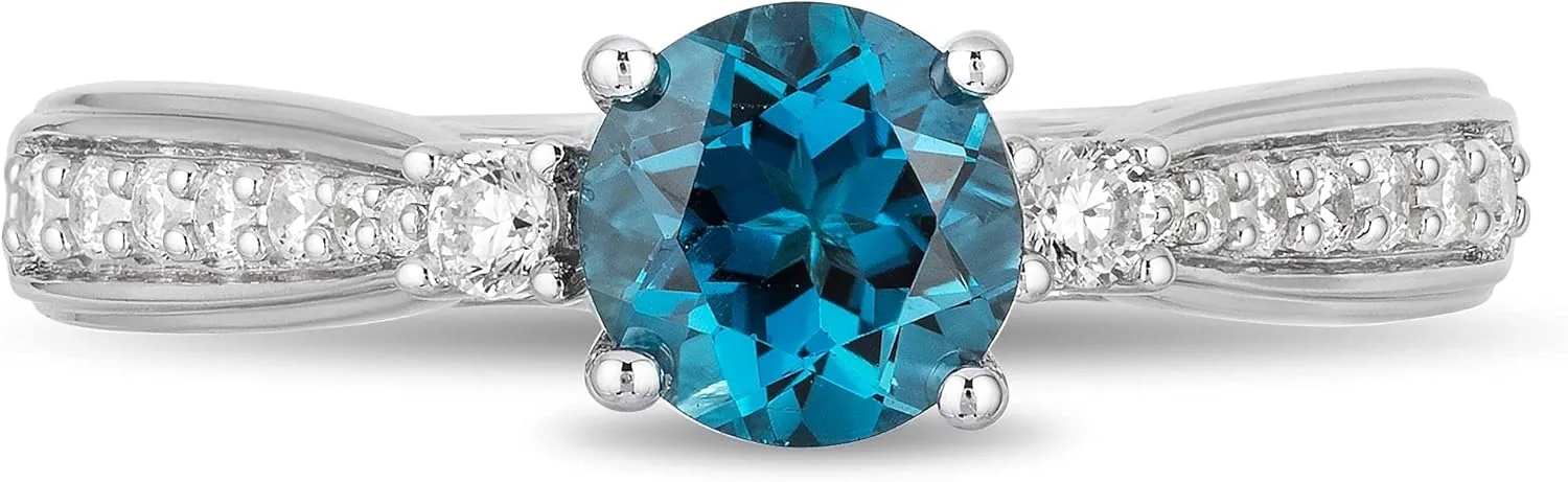 Jewelili Enchanted Disney Fine Jewelry Sterling Silver with 1/5 Cttw Diamond and London Blue Topaz Cinderella Ring