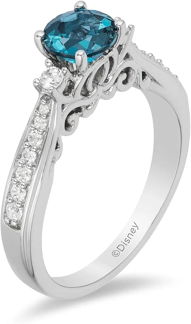 Jewelili Enchanted Disney Fine Jewelry Sterling Silver with 1/5 Cttw Diamond and London Blue Topaz Cinderella Ring