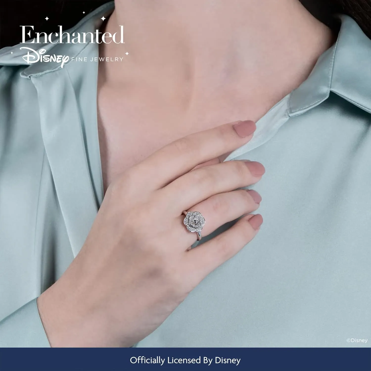 Jewelili Enchanted Disney Fine Jewelry Sterling Silver with 1/5 Cttw Diamonds Cinderella 70th Anniversary Gardenia Flower Ring.