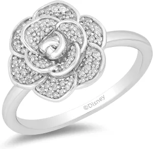 Jewelili Enchanted Disney Fine Jewelry Sterling Silver with 1/5 Cttw Diamonds Cinderella 70th Anniversary Gardenia Flower Ring.