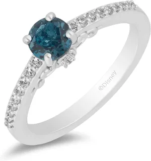 Jewelili Enchanted Disney Fine Jewelry Sterling Silver with 1/6 CTTW Diamond and London Blue Topaz Cinderella Ring, Size 8