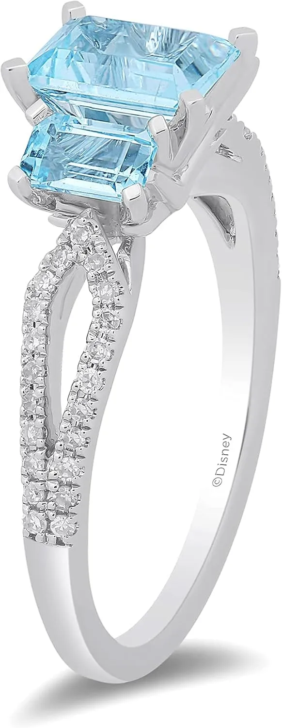Jewelili Enchanted Disney Fine Jewelry Sterling Silver with 1/8 Cttw Diamond and Sky Blue Topaz Elsa Ring