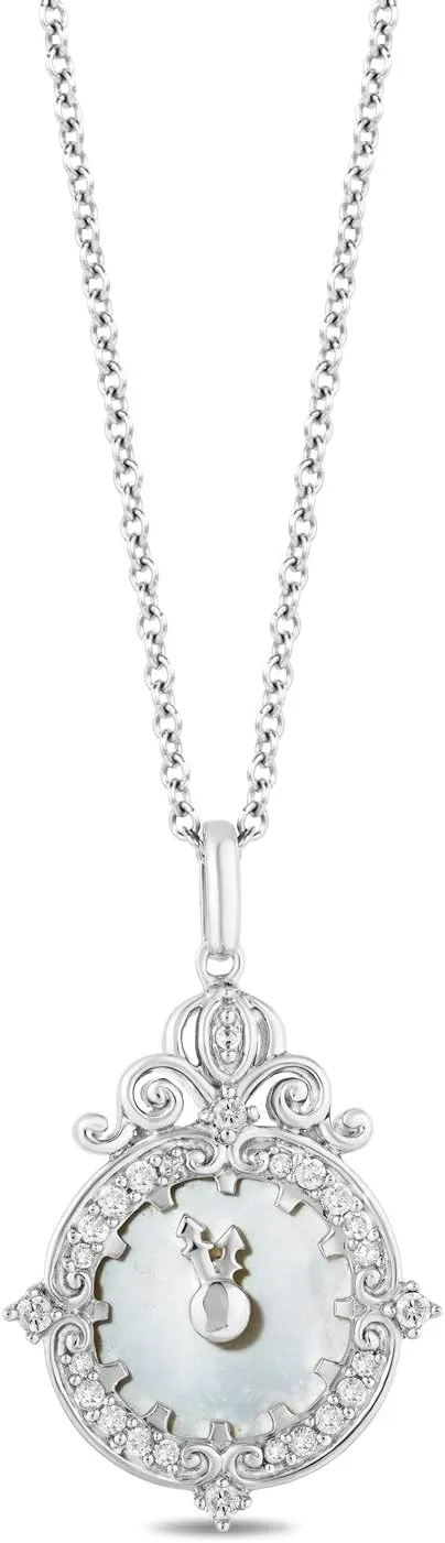 Jewelili Enchanted Disney Fine Jewelry Sterling Silver with 1/8 CTTW Diamonds and Pearl Face Cinderella Clock Pendant