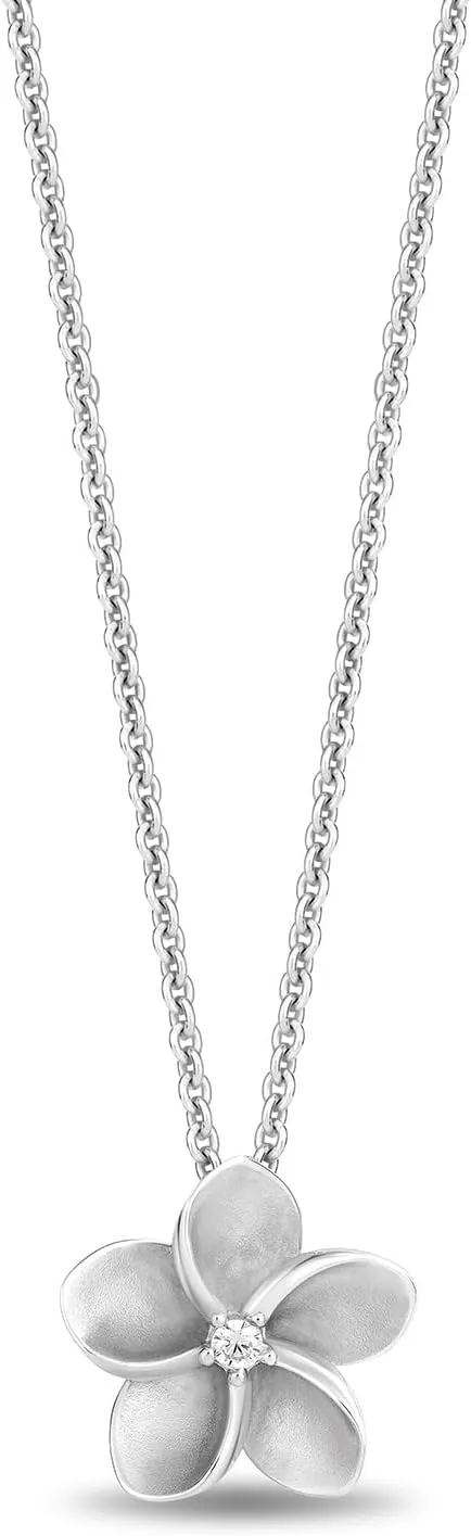 Jewelili Enchanted Disney Fine Jewelry Sterling Silver with Accent Diamonds Moana Plumeria Flower Pendant Necklace