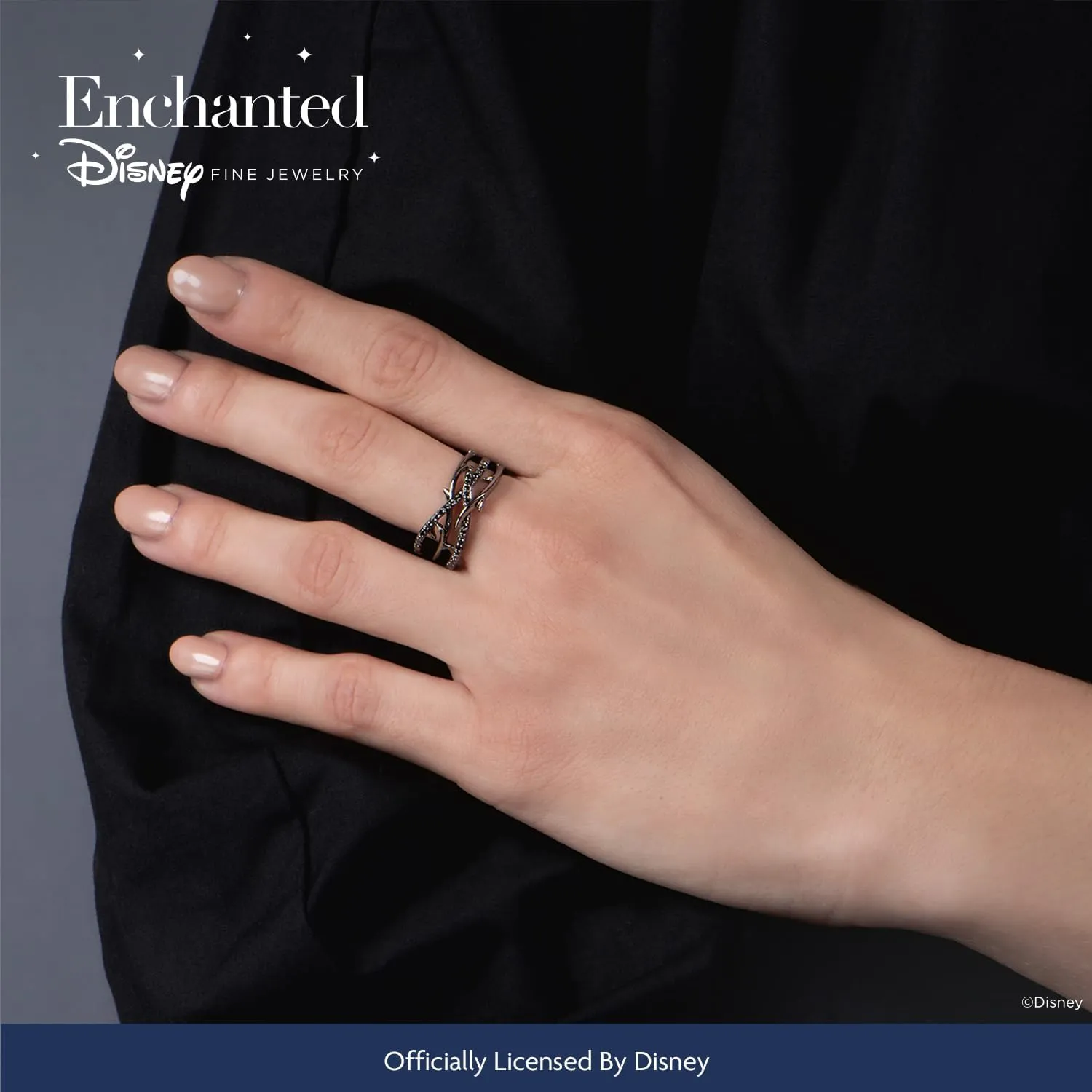 Jewelili Enchanted Disney Fine Jewelry Sterling Silver with Black Rhodium 1/5cttw Maleficent Creeper Ring.